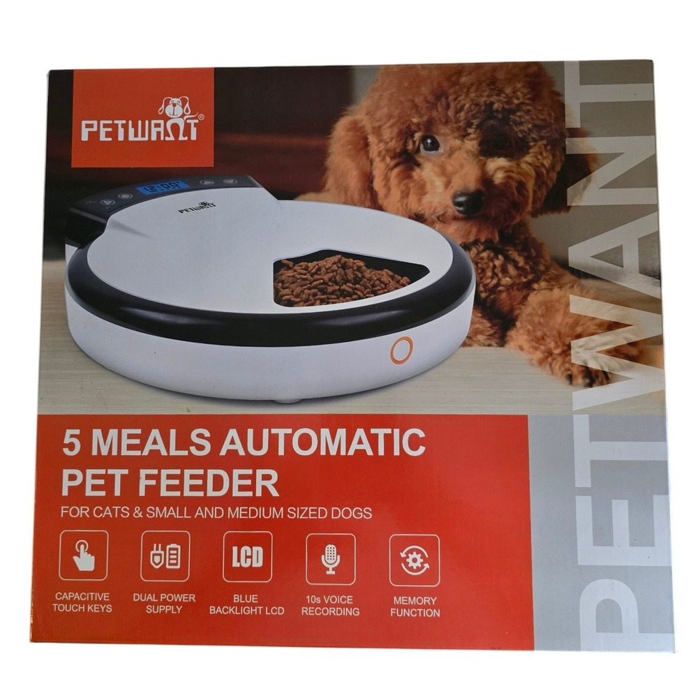 Petwant 5 Meals Automatic Pet Feeder PF-105 White Black LCD Voice Recording NIB
